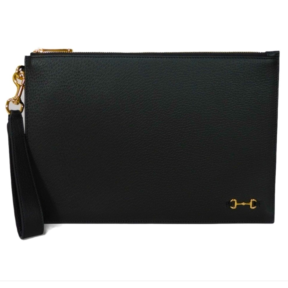 BRAND NEW GUCCI Black Leather Horsebit Clutch/Wristlet
